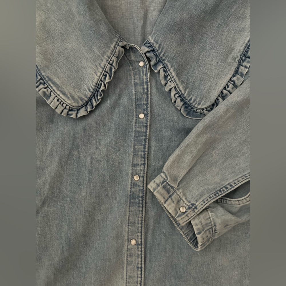 ASOS Mango Blue Denim Oversized Peter Collar Ruffled Top.  Size 2 - Picture 2 of 7